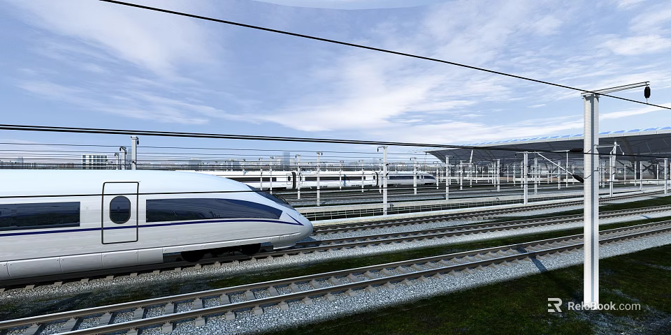 Aerodynamic High Speed Train Running On Rail Tracks With Station And Blue Sky 3d model 
