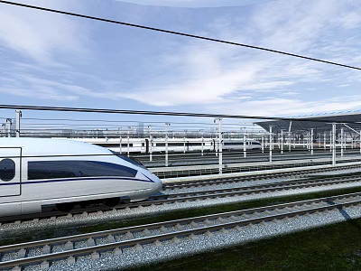 Aerodynamic High Speed Train Running On Rail Tracks With Station And Blue Sky 3d model