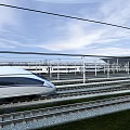 Aerodynamic High Speed Train Running On Rail Tracks With Station And Blue Sky