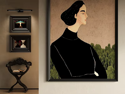 Woman Portrait Painting with Black Bob Hair High Neck Black Top and Green Forest Background 3d model