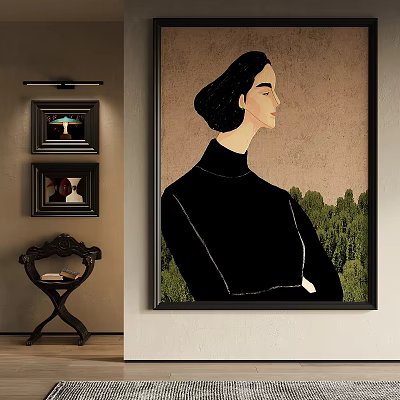 Woman Portrait Painting with Black Bob Hair High Neck Black Top and Green Forest Background 3d model