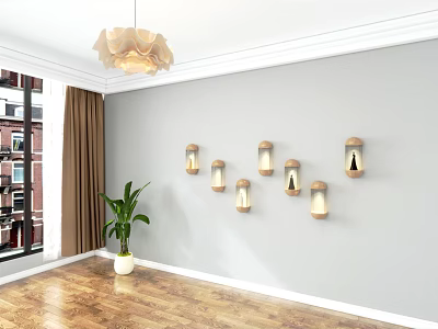Stylish Living Room Interior With Wooden Wall Decor Lamps On Gray Wall 3d model