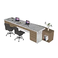 Modern Reception Desk With Marble Countertop Office Chairs Laptops Wooden Cabinet And Potted Plant