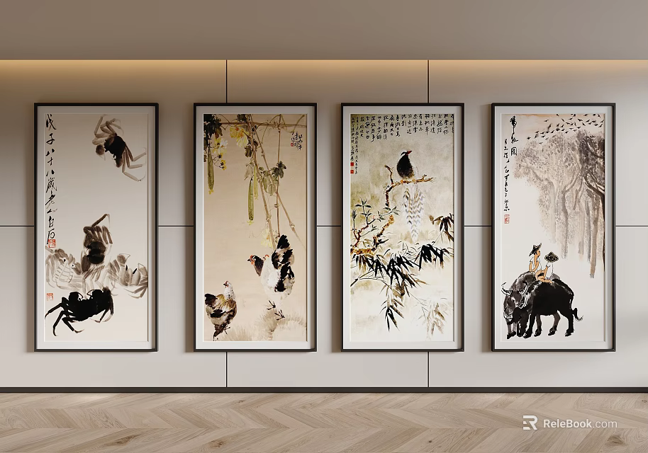 Traditional Chinese Ink Paintings Hanging On Wall With Animal Figures And Calligraphy For Interior Decor 3d model 