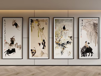 Traditional Chinese Ink Paintings Hanging On Wall With Animal Figures And Calligraphy For Interior Decor 3d model