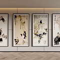 Traditional Chinese Ink Paintings Hanging On Wall With Animal Figures And Calligraphy For Interior Decor