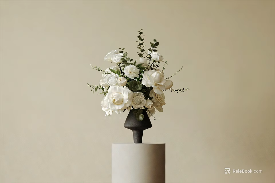 Elegant Black Vase With White Roses And Green Leaves On White Pedestal 3d model 