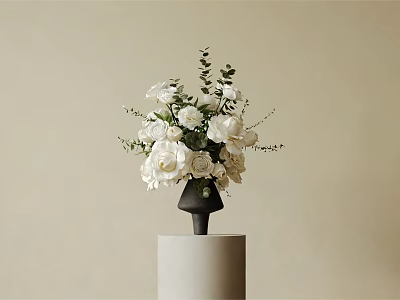 Elegant Black Vase With White Roses And Green Leaves On White Pedestal 3d model