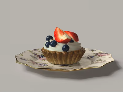 Delicious Fruit Tart With Cream Topping Sliced Strawberries And Blueberries On Decorative Floral Plate 3d model
