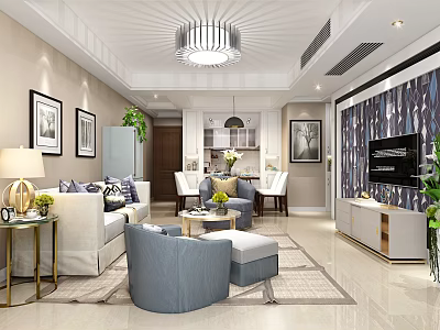Elegant Modern Living and Dining Room Interior With Sofa Coffee Table TV Chandelier Dining Chairs 3d model