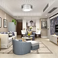 Elegant Modern Living and Dining Room Interior With Sofa Coffee Table TV Chandelier Dining Chairs