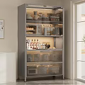 Modern Glass Door Kitchen Cabinet With Dishes Wine Bottles And Small Appliances