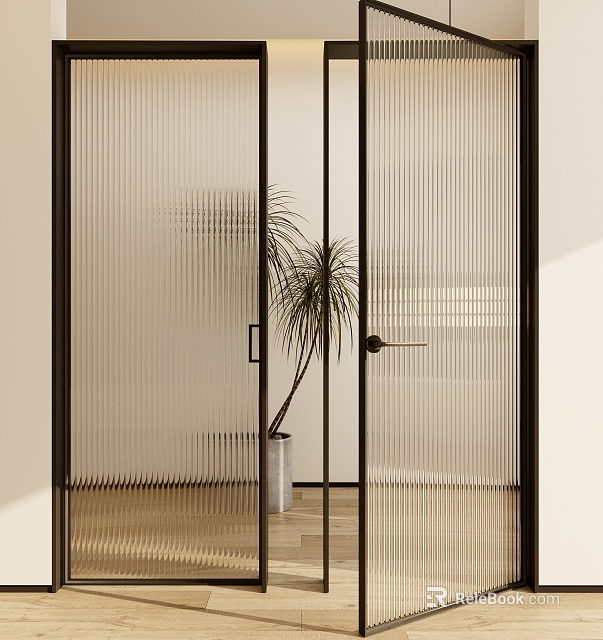 Modern Fluted Glass Casement Door With Black Frame And Palm Plant In Interior 3d model 