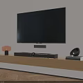 Wall Mounted Flat Screen TV with Wooden Stand Soundbar and Decorative Items