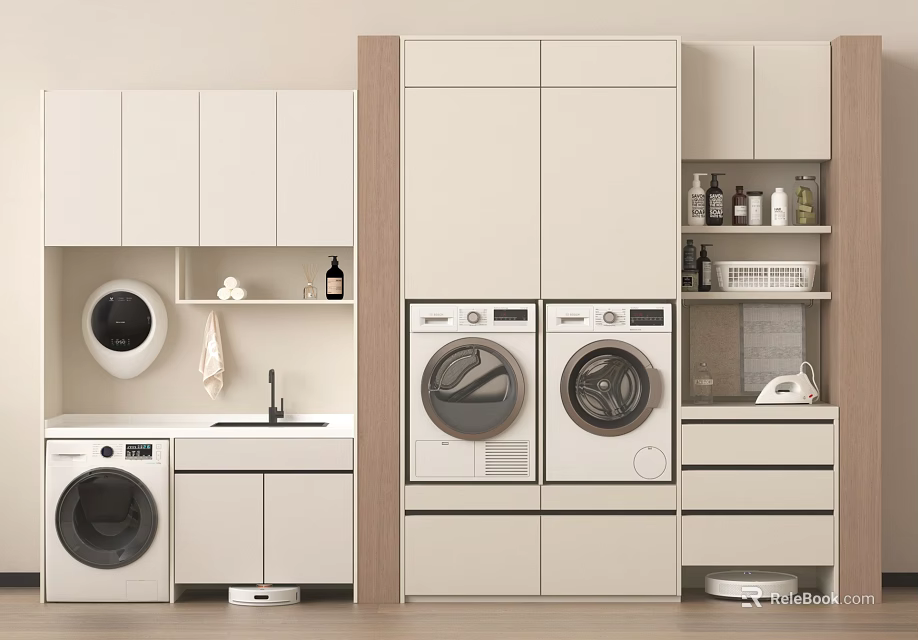 Modern Laundry Room With Washing Machine Dryer And Storage Cabinets 3d model 