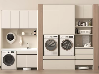 Modern Laundry Room With Washing Machine Dryer And Storage Cabinets 3d model