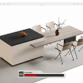 Modern Bar Counter With Black Top Light Colored Body Extended Table Vase And Chairs