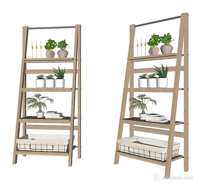 Wooden Multi tiered Plant Stand with Potted Plants and Decorative Baskets for Garden Decor 3d model 