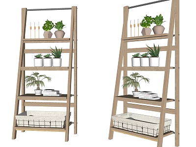Wooden Multi tiered Plant Stand with Potted Plants and Decorative Baskets for Garden Decor 3d model