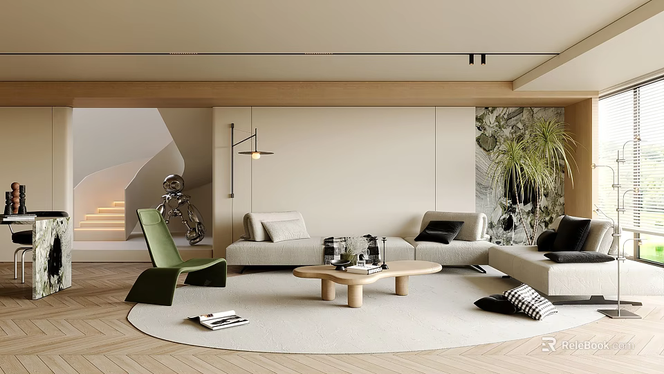 Modern Living Room Interior With Light Sofa Wooden Coffee Table Green Chair And Large Plant 3d model 
