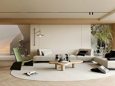 Modern Living Room Interior With Light Sofa Wooden Coffee Table Green Chair And Large Plant 3d model