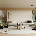 Modern Living Room Interior With Light Sofa Wooden Coffee Table Green Chair And Large Plant