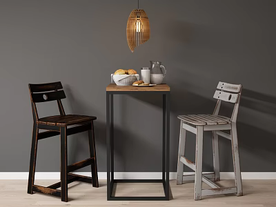 Rustic Table and Chairs Set with Wooden Lantern Light and Fruits on Dark Gray Wall 3d model