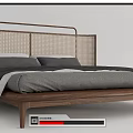 Modern Double Bed With Rattan Headboard Wooden Frame Gray And White Bedding Elegant Design