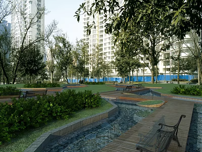 Urban Park Landscape With Lush Trees Wooden Benches And Flowing Stream 3d model