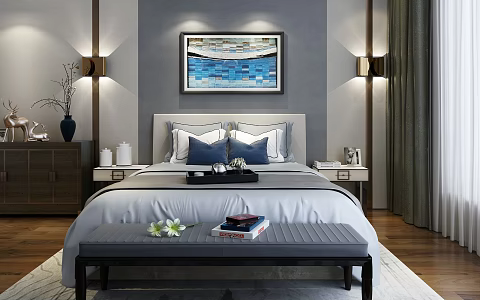 New Chinese background double bed 3d model