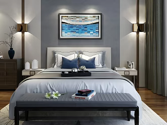 New Chinese background double bed 3d model