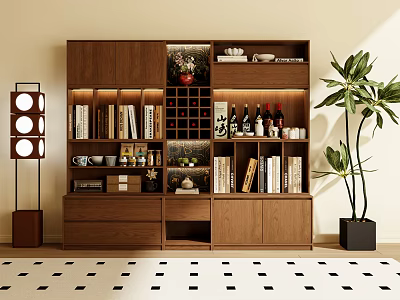Walnut Wooden Bookcase With Modern Design Open Shelves Books Decorations Wine Bottles And Potted Plant 3d model