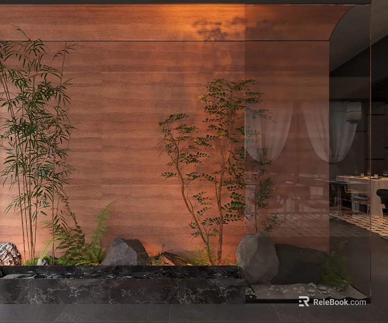 Indoor Green Plant Combination With Bamboo Ferns Stones And Water Feature By Wooden Wall 3d model 