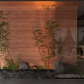 Indoor Green Plant Combination With Bamboo Ferns Stones And Water Feature By Wooden Wall