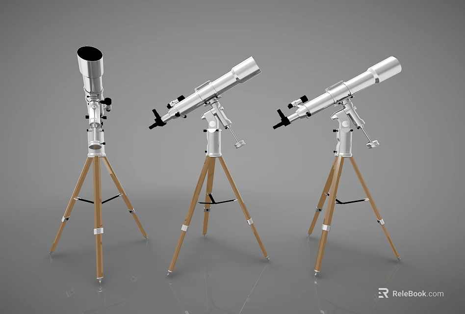 Commercial Equipment Telescopes With Silver Body And Wooden Tripod Stand 3d model 