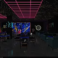 Modern Bar Interior With Neon Decor City Skyline View And Blue Lighting
