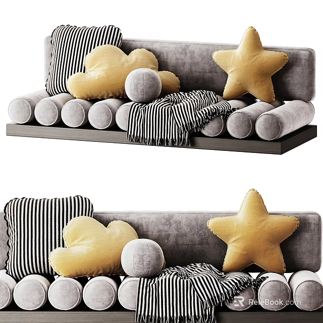 Decorative Golden Star Cloud Round Shaped Pillows With Black White Striped Design On Grey Shelf 3d model 