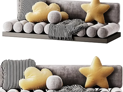 Decorative Golden Star Cloud Round Shaped Pillows With Black White Striped Design On Grey Shelf 3d model