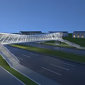 Sleek Modern Landscape Bridge Design In Urban Environment With Tall Building Road And Grassland