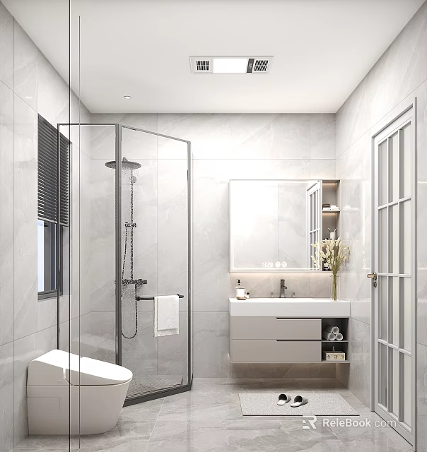Modern Bathroom Interior Design With Glass Shower Enclosure Wall Mounted Vanity And Marble Tiles 3d model 