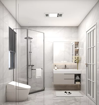 Modern Bathroom Interior Design With Glass Shower Enclosure Wall Mounted Vanity And Marble Tiles 3d model