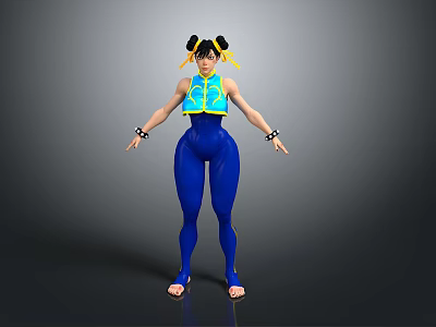 Woman With Pigtails In Blue Top And Blue Tight Pants With Black Wristbands 3d model