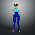 Woman With Pigtails In Blue Top And Blue Tight Pants With Black Wristbands