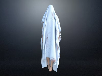 Back View of Woman in White Robe with Head Covered and Bloodstains on Dark Background 3d model