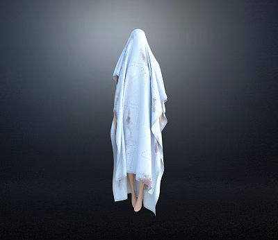Back View of Woman in White Robe with Head Covered and Bloodstains on Dark Background 3d model