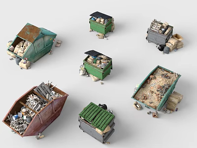 Various Colored Trash Bins Filled With Mixed Waste And Assorted Debris 3d model