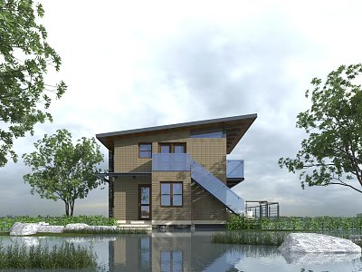 Wooden House by the Water with Staircase and Balcony Surrounded by Green Trees 3d model