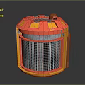 Red And Orange Cylindrical Industrial Equipment With Metal Mesh And Copper Components