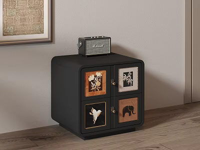 Black Bedside Cabinet with Four Decorative Panel Doors and a Radio on Top 3d model