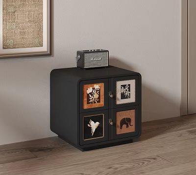 Black Bedside Cabinet with Four Decorative Panel Doors and a Radio on Top 3d model